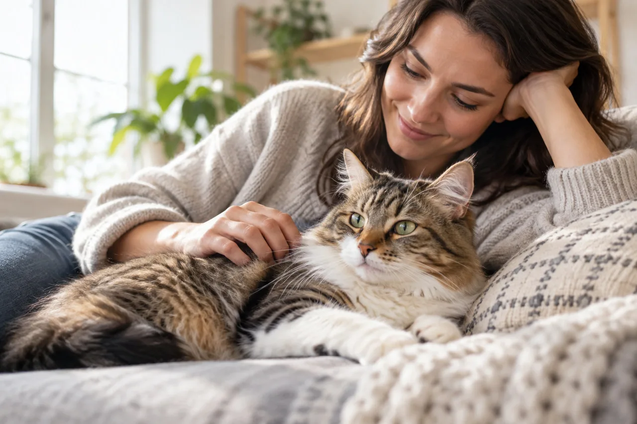 Owner sitting beside a resting tabby cat