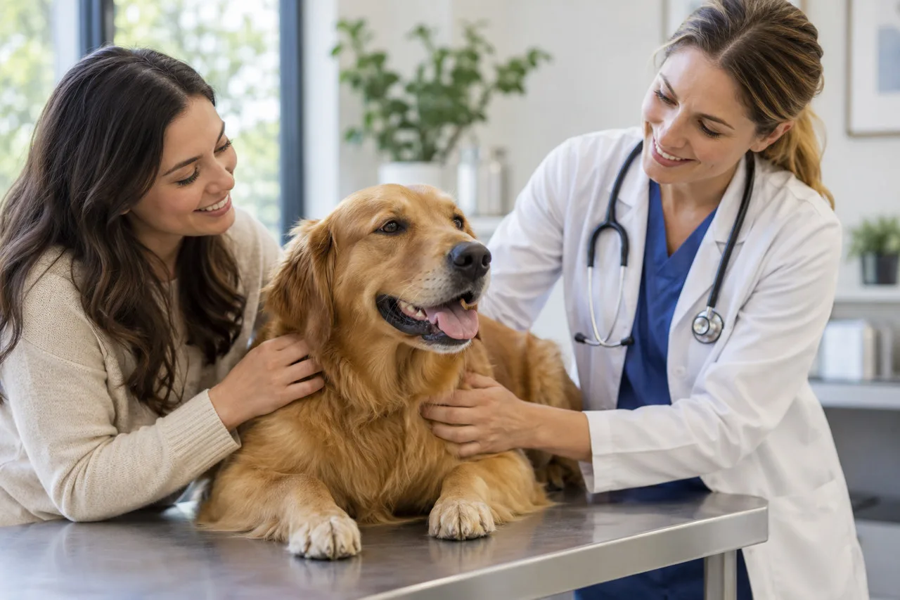 Veterinarian discussing care with an owner beside a dog